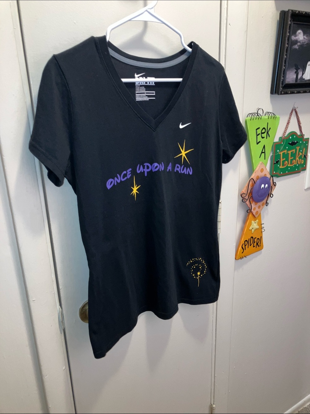 Nike Black V-Neck Tee with Purple 'Once Upon a Run' Graphic and Yellow Stars
